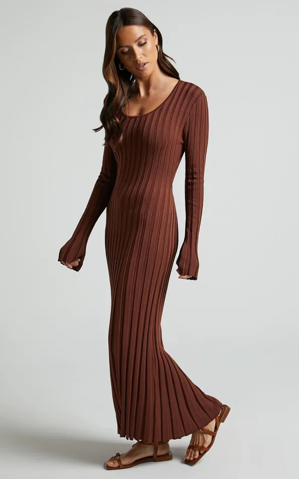 Showpo Blaire Midi Dress 8211 Long Sleeve Tie Back Flare Dress In Chocolate Women Curve Clothes
