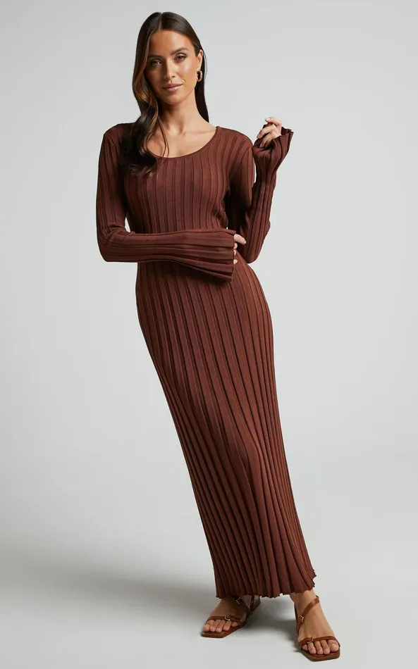 Showpo Blaire Midi Dress 8211 Long Sleeve Tie Back Flare Dress In Chocolate Women Curve Clothes
