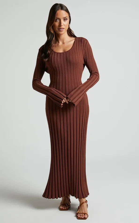 Showpo Blaire Midi Dress 8211 Long Sleeve Tie Back Flare Dress In Chocolate Women Curve Clothes