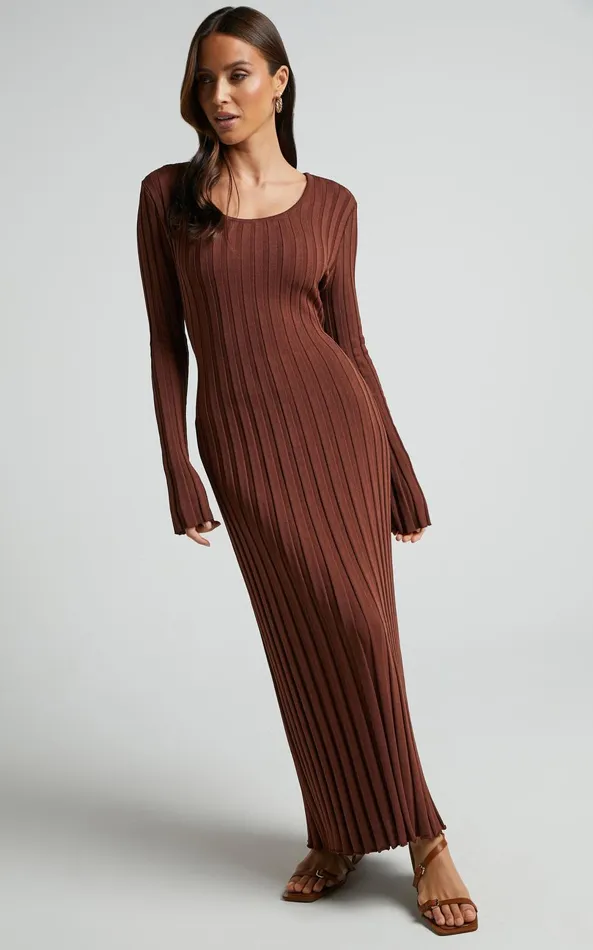 Showpo Blaire Midi Dress 8211 Long Sleeve Tie Back Flare Dress In Chocolate Women Curve Clothes