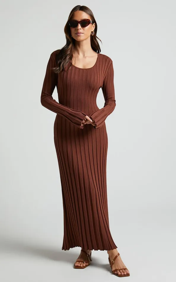 Showpo Blaire Midi Dress 8211 Long Sleeve Tie Back Flare Dress In Chocolate Women Curve Clothes