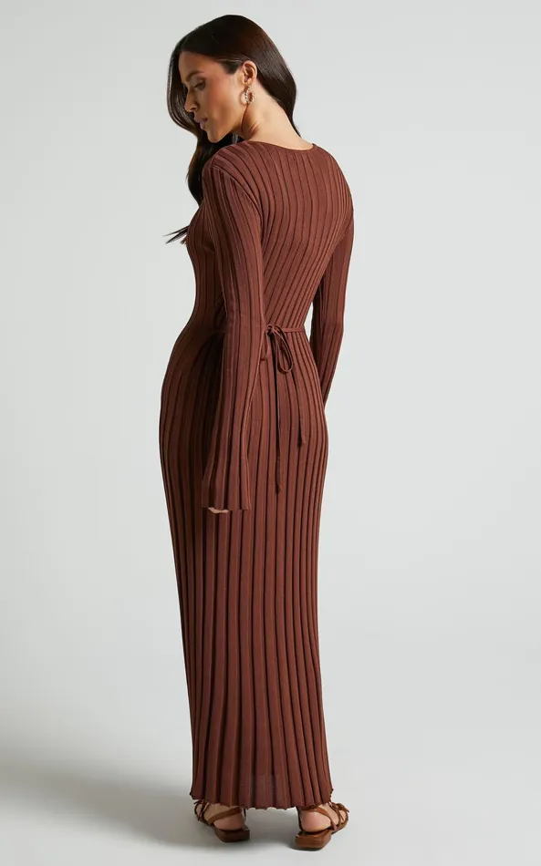 Showpo Blaire Midi Dress 8211 Long Sleeve Tie Back Flare Dress In Chocolate Women Curve Clothes