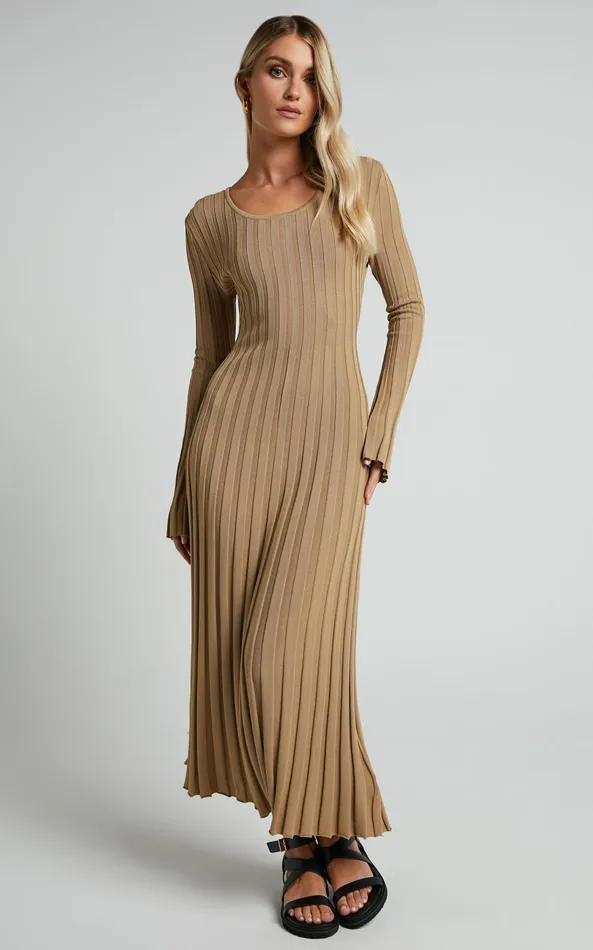 Showpo Blaire Midi Dress 8211 Long Sleeve Tie Back Flare Dress In Roasted Cashew Women Dresses Showpo Blaire Midi Dress 8211 Long Sleeve Tie Back Flare Dress In Roasted Cashew Women Dresses