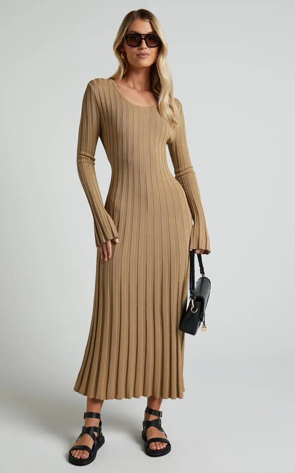 Showpo Blaire Midi Dress 8211 Long Sleeve Tie Back Flare Dress In Roasted Cashew Women Dresses Showpo Blaire Midi Dress 8211 Long Sleeve Tie Back Flare Dress In Roasted Cashew Women Dresses