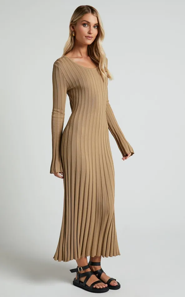 Showpo Blaire Midi Dress 8211 Long Sleeve Tie Back Flare Dress In Roasted Cashew Women Dresses Showpo Blaire Midi Dress 8211 Long Sleeve Tie Back Flare Dress In Roasted Cashew Women Dresses