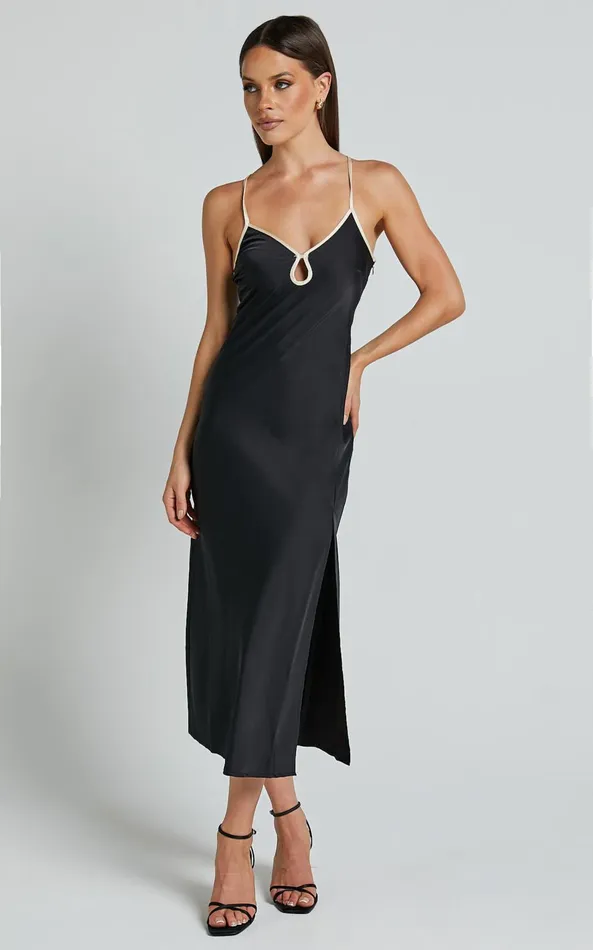 Showpo Blakely Midi Dress 8211 Contrast Piping Detail Satin Bias Cut Dress In Black Women Dresses