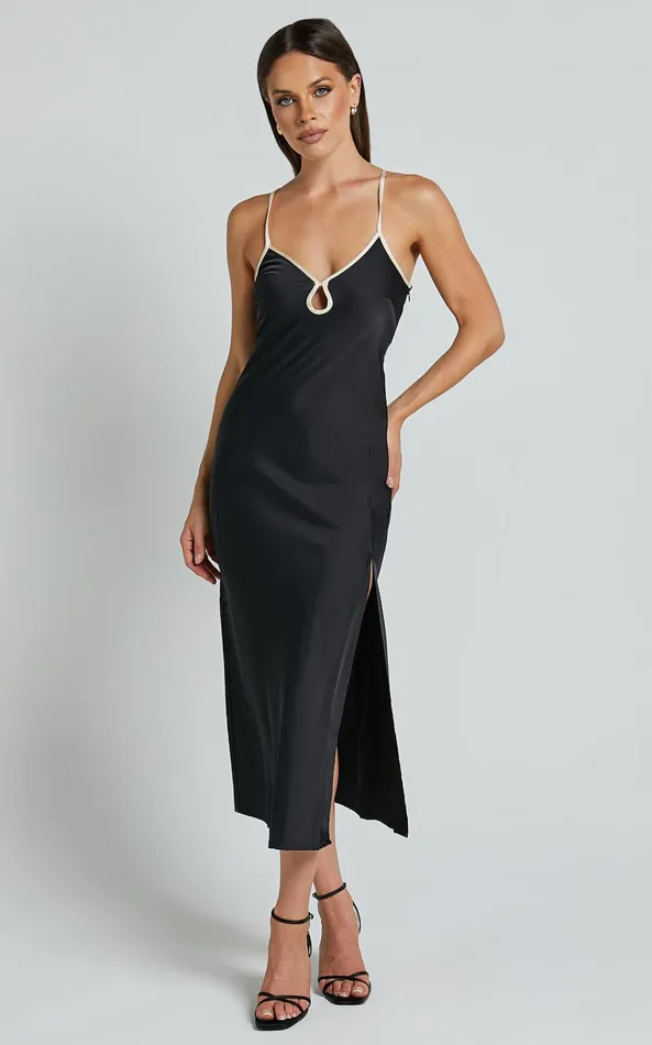 Showpo Blakely Midi Dress 8211 Contrast Piping Detail Satin Bias Cut Dress In Black Women Dresses