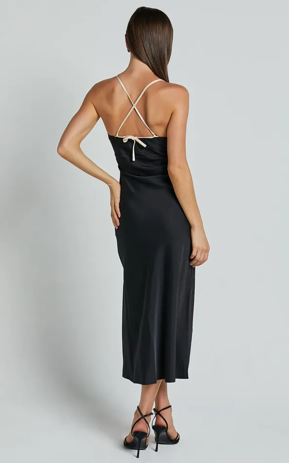 Showpo Blakely Midi Dress 8211 Contrast Piping Detail Satin Bias Cut Dress In Black Women Dresses
