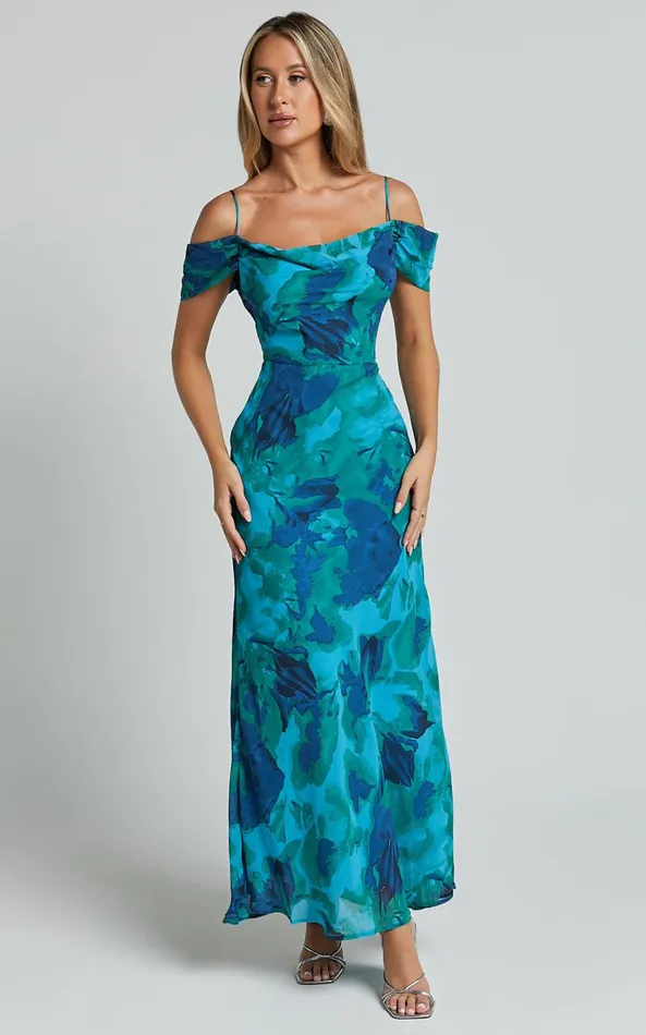 Showpo Blythe Maxi Dress 8211 Off Shoulder Sweetheart Slip Dress In GreenBlue Print Women Dresses Showpo Blythe Maxi Dress 8211 Off Shoulder Sweetheart Slip Dress In GreenBlue Print Women Dresses