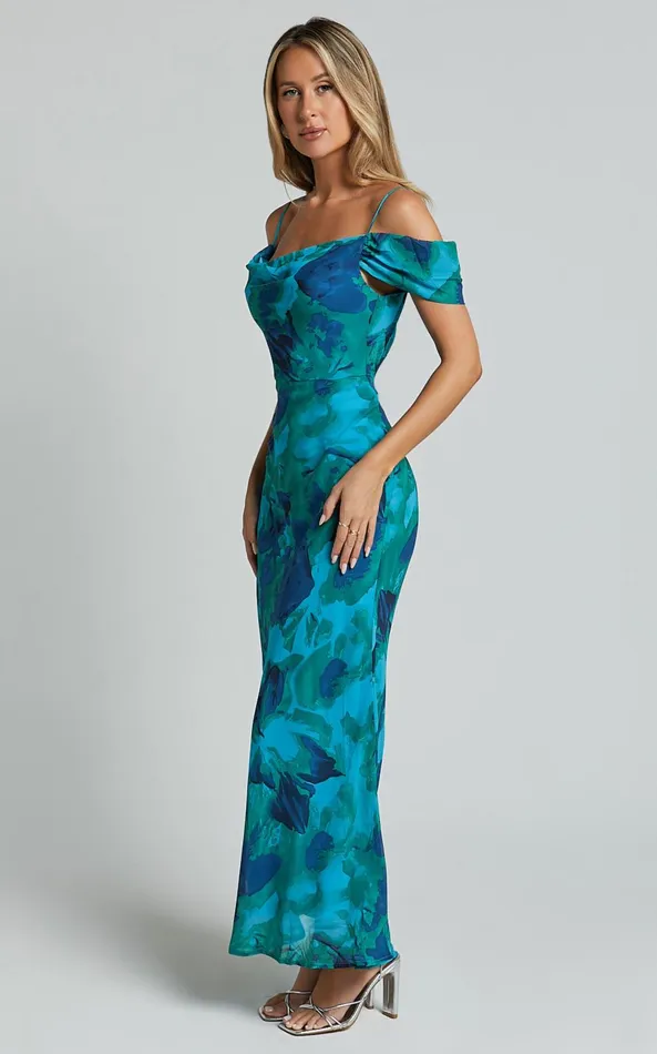 Showpo Blythe Maxi Dress 8211 Off Shoulder Sweetheart Slip Dress In GreenBlue Print Women Dresses