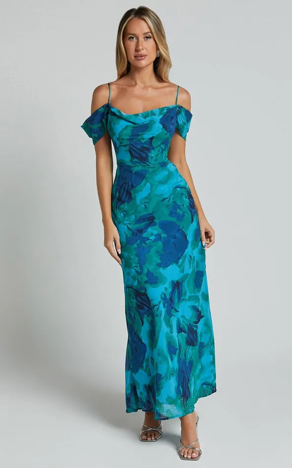 Showpo Blythe Maxi Dress 8211 Off Shoulder Sweetheart Slip Dress In GreenBlue Print Women Dresses