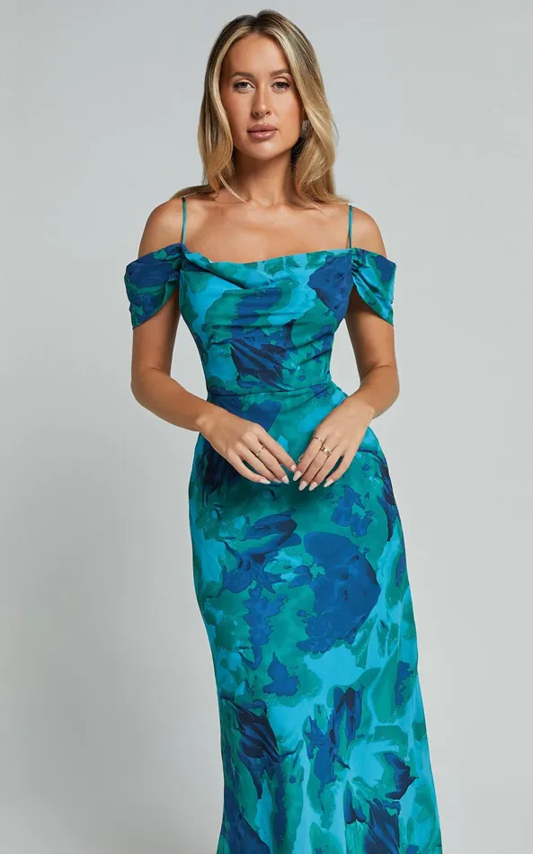 Showpo Blythe Maxi Dress 8211 Off Shoulder Sweetheart Slip Dress In GreenBlue Print Women Dresses