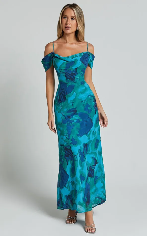 Showpo Blythe Maxi Dress 8211 Off Shoulder Sweetheart Slip Dress In GreenBlue Print Women Dresses