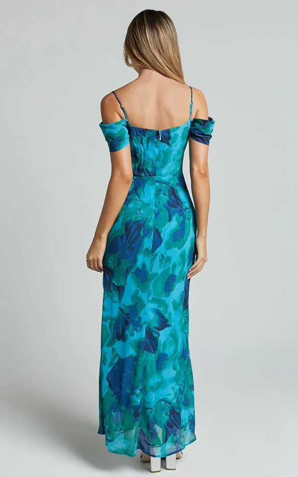 Showpo Blythe Maxi Dress 8211 Off Shoulder Sweetheart Slip Dress In GreenBlue Print Women Dresses