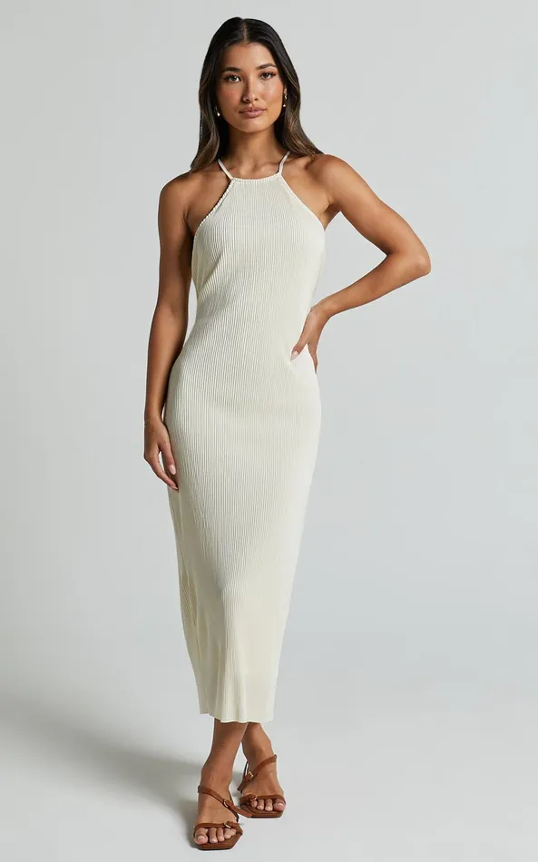 Showpo Blythe Midi Dress 8211 Halter Neck Dress In Cream Women Dresses
