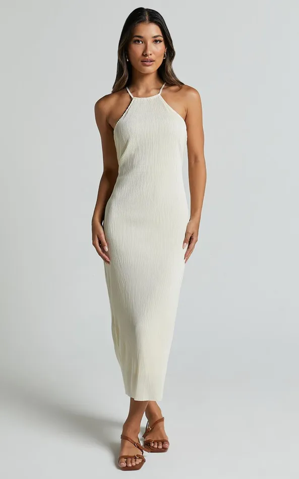 Showpo Blythe Midi Dress 8211 Halter Neck Dress In Cream Women Dresses
