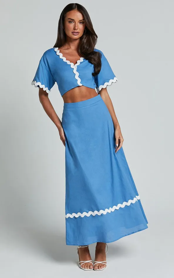 Showpo Blythe Two Piece Set 8211 Short Sleeve With Wave Hem A Line Skirt Set In Blue Women Two Piece Sets and Coords Showpo Blythe Two Piece Set 8211 Short Sleeve With Wave Hem A Line Skirt Set In Blue Women Two Piece Sets and Coords