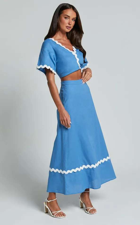 Showpo Blythe Two Piece Set 8211 Short Sleeve With Wave Hem A Line Skirt Set In Blue Women Two Piece Sets and Coords
