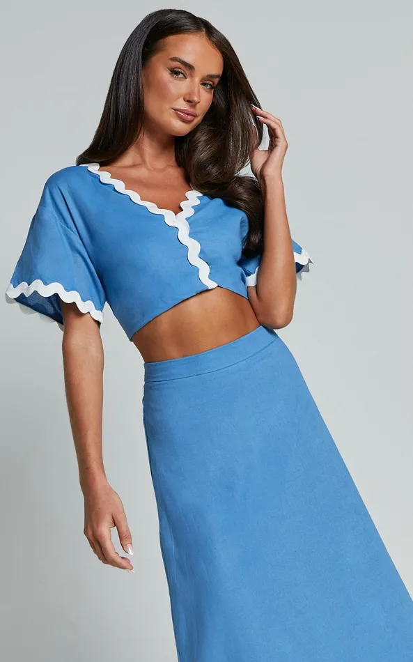 Showpo Blythe Two Piece Set 8211 Short Sleeve With Wave Hem A Line Skirt Set In Blue Women Two Piece Sets and Coords