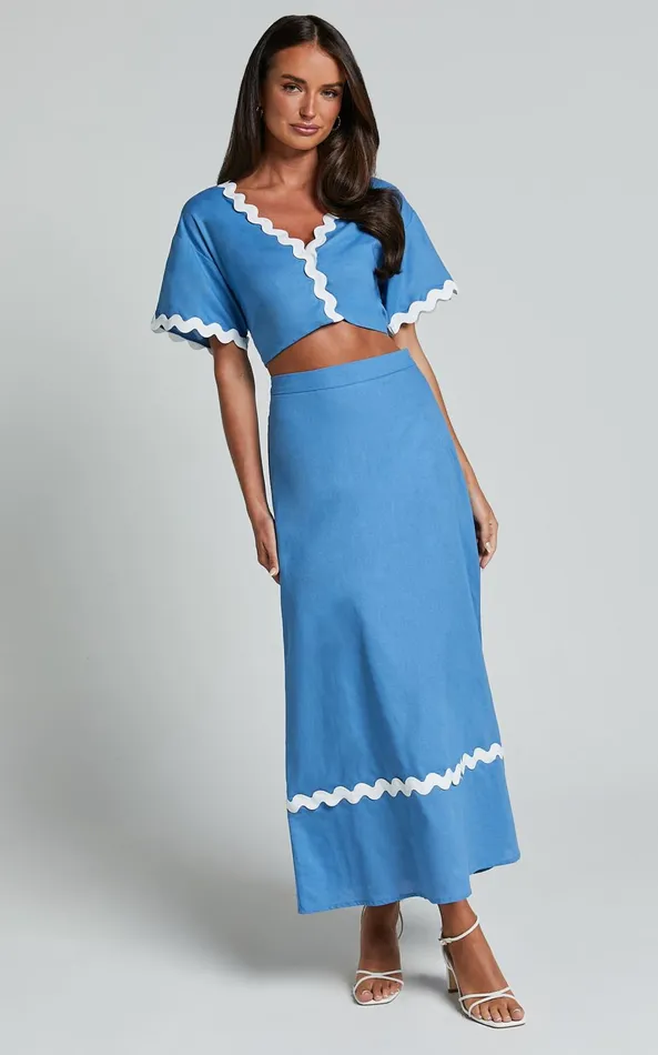 Showpo Blythe Two Piece Set 8211 Short Sleeve With Wave Hem A Line Skirt Set In Blue Women Two Piece Sets and Coords