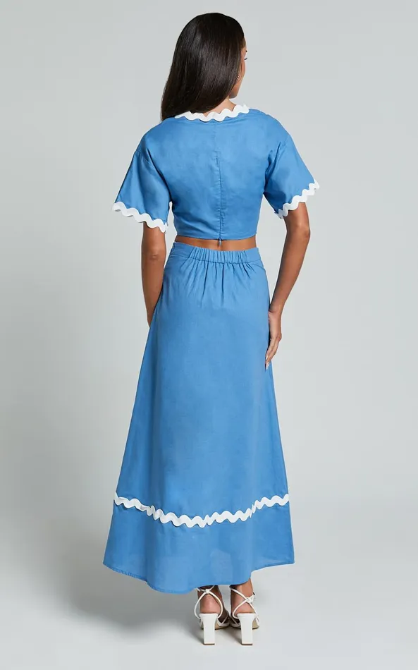 Showpo Blythe Two Piece Set 8211 Short Sleeve With Wave Hem A Line Skirt Set In Blue Women Two Piece Sets and Coords