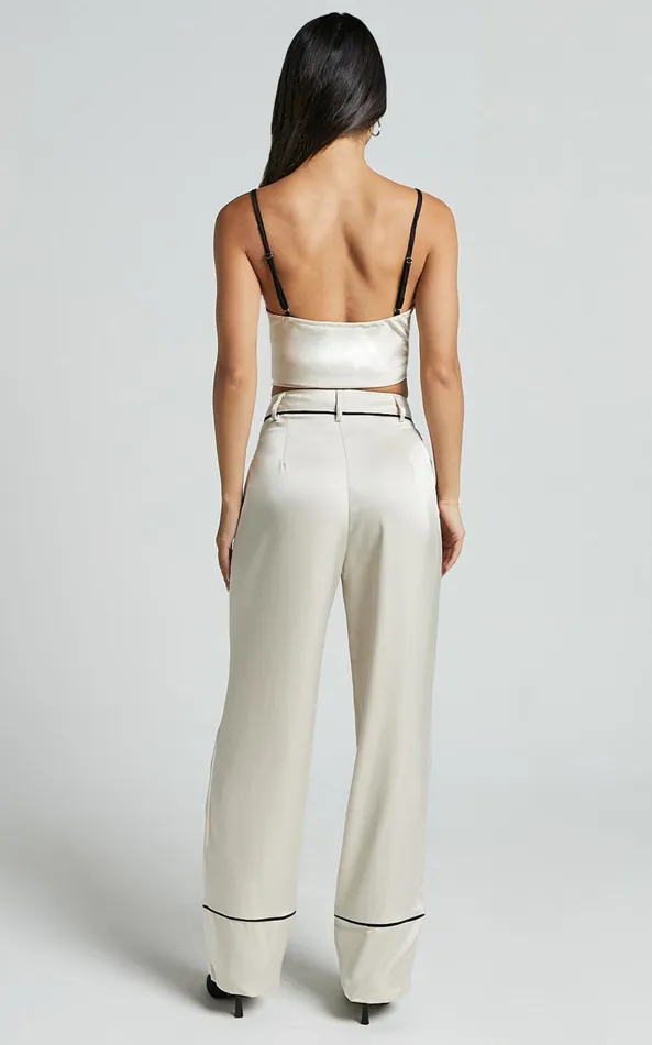 Showpo Bobbie Pants 8211 High Waist Contrast Piping Pants In Oyster Women Pants