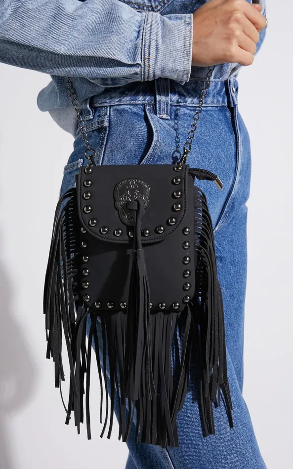 Showpo Bodhi Suede Fringe Crossbody Bag In Black Women Bags