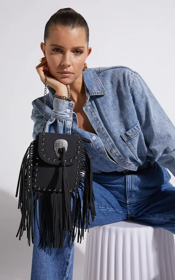 Showpo Bodhi Suede Fringe Crossbody Bag In Black Women Bags