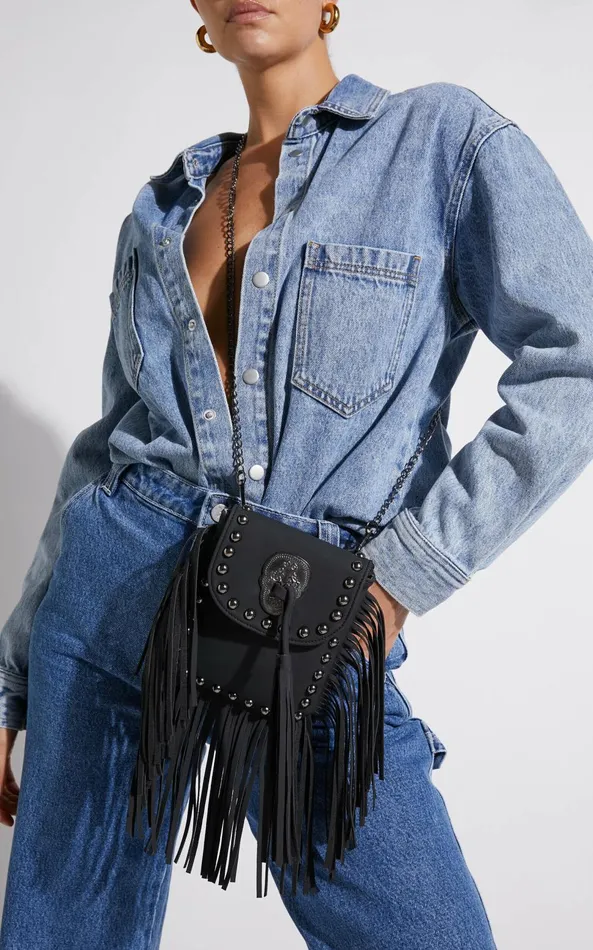 Showpo Bodhi Suede Fringe Crossbody Bag In Black Women Bags