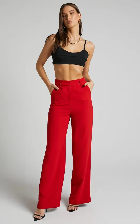 Showpo Bonnie Pants 8211 High Waisted Tailored Wide Leg Pants In Red Women Curve Clothes