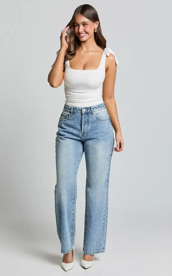 Showpo Bowie Jeans 8211 Mid Rise Recycled Relaxed Denim Jeans In Light Blue Wash Women Denim