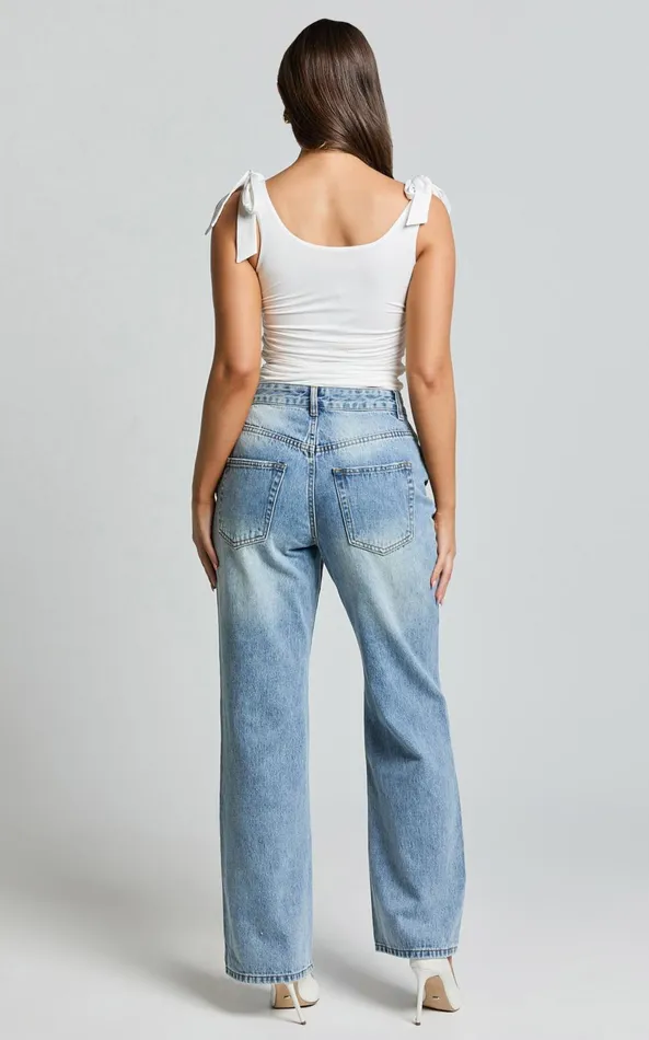 Showpo Bowie Jeans 8211 Mid Rise Recycled Relaxed Denim Jeans In Light Blue Wash Women Denim
