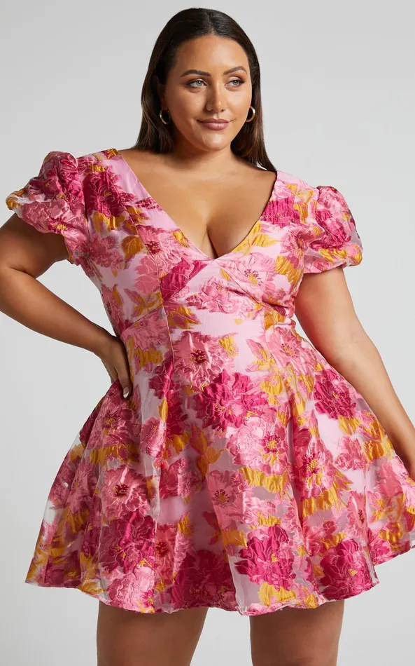 Showpo Brailey Jacquard Mini Dress 8211 Puff Sleeve Dress In Pink Women Curve Clothes