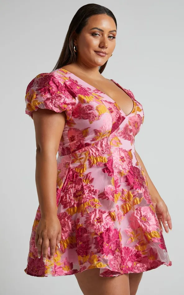 Showpo Brailey Jacquard Mini Dress 8211 Puff Sleeve Dress In Pink Women Curve Clothes