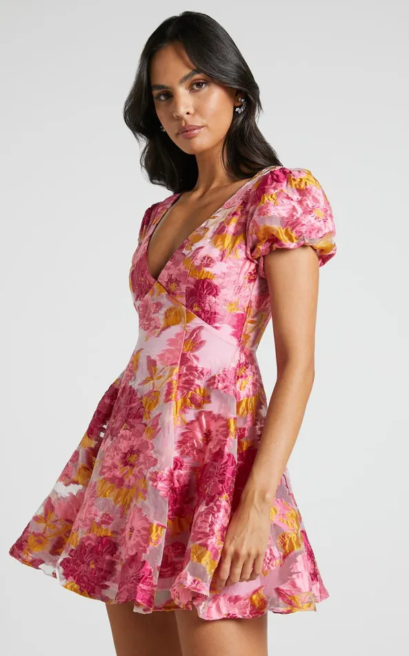 Showpo Brailey Jacquard Mini Dress 8211 Puff Sleeve Dress In Pink Women Curve Clothes