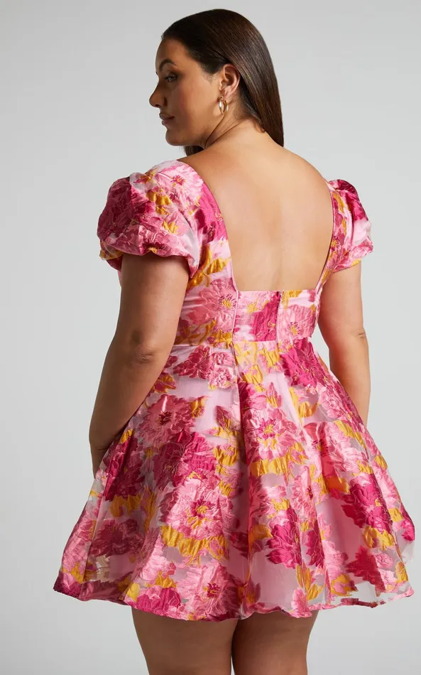 Showpo Brailey Jacquard Mini Dress 8211 Puff Sleeve Dress In Pink Women Curve Clothes