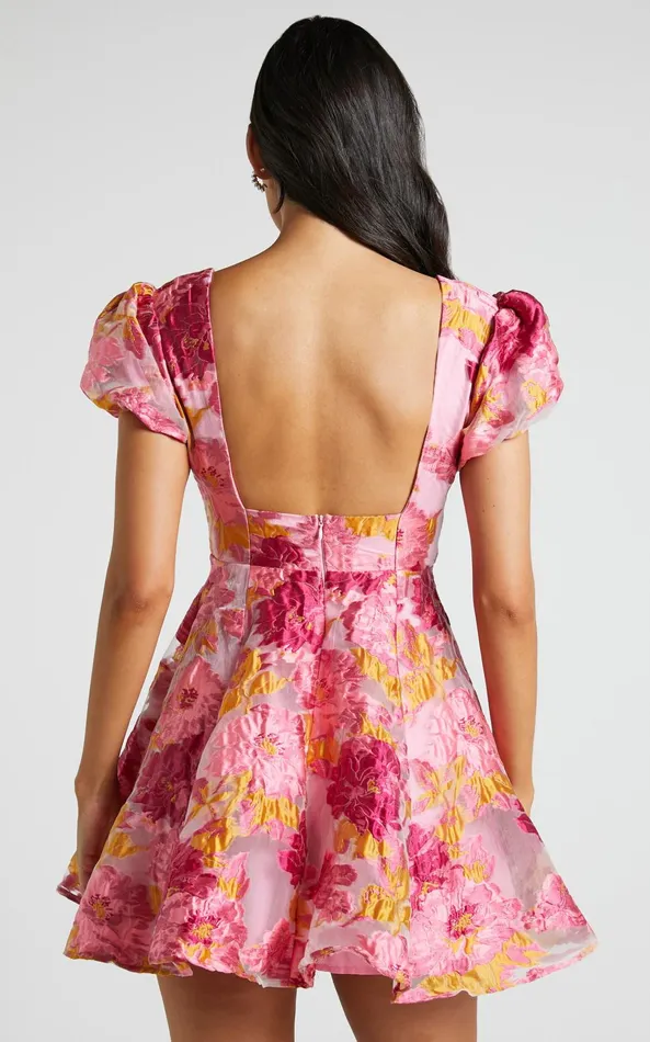 Showpo Brailey Jacquard Mini Dress 8211 Puff Sleeve Dress In Pink Women Curve Clothes