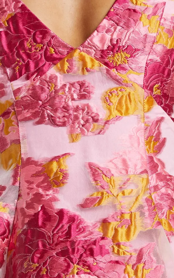 Showpo Brailey Jacquard Mini Dress 8211 Puff Sleeve Dress In Pink Women Curve Clothes