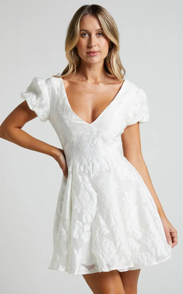 Showpo Brailey Jacquard Mini Dress 8211 Puff Sleeve Dress In White Women Curve Clothes