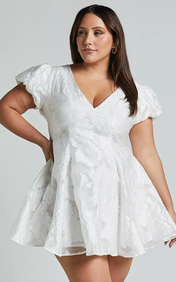 Showpo Brailey Jacquard Mini Dress 8211 Puff Sleeve Dress In White Women Curve Clothes