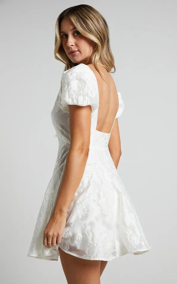 Showpo Brailey Jacquard Mini Dress 8211 Puff Sleeve Dress In White Women Curve Clothes