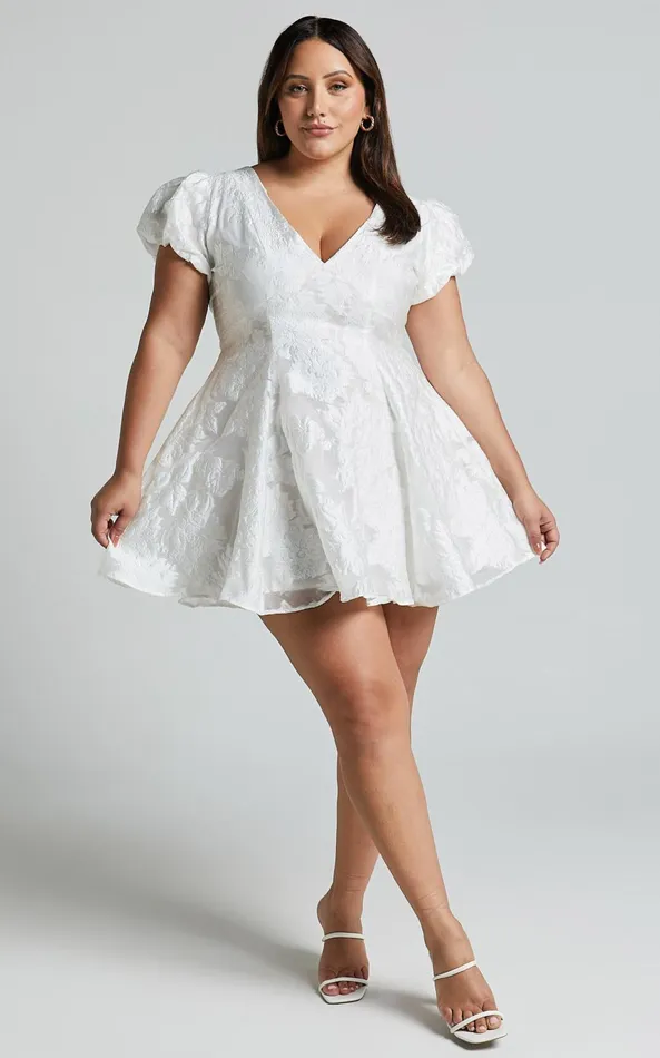 Showpo Brailey Jacquard Mini Dress 8211 Puff Sleeve Dress In White Women Curve Clothes