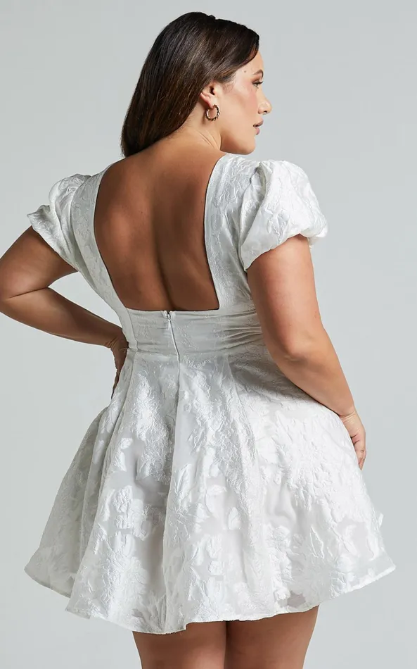 Showpo Brailey Jacquard Mini Dress 8211 Puff Sleeve Dress In White Women Curve Clothes