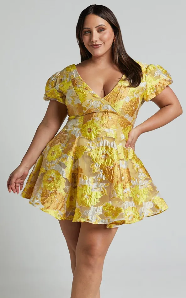 Showpo Brailey Jacquard Mini Dress 8211 Puff Sleeve Dress In Yellow Floral Women Dresses