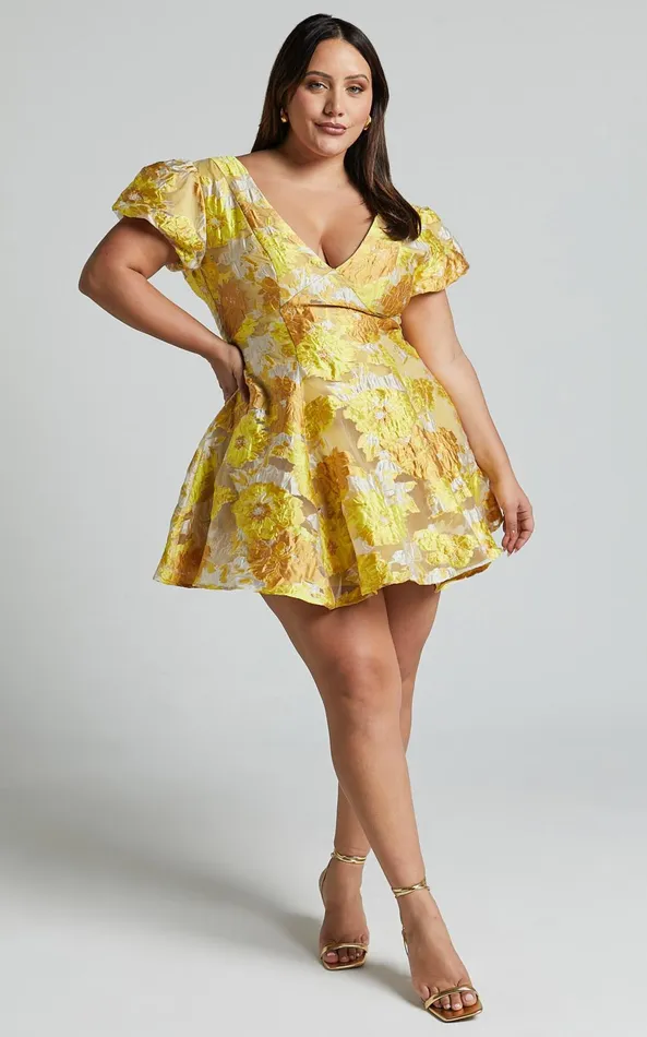 Showpo Brailey Jacquard Mini Dress 8211 Puff Sleeve Dress In Yellow Floral Women Dresses