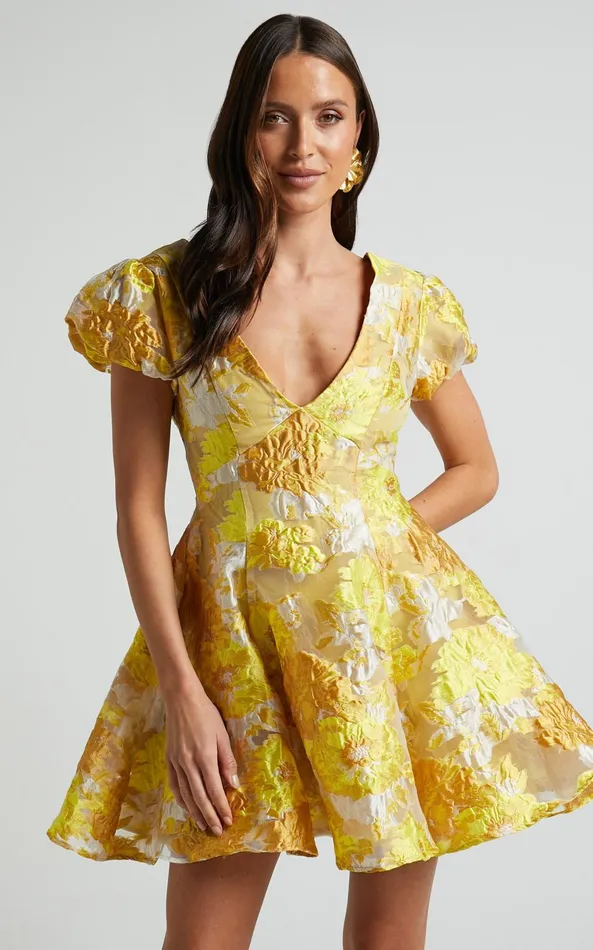 Showpo Brailey Jacquard Mini Dress 8211 Puff Sleeve Dress In Yellow Floral Women Dresses