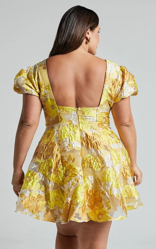 Showpo Brailey Jacquard Mini Dress 8211 Puff Sleeve Dress In Yellow Floral Women Dresses