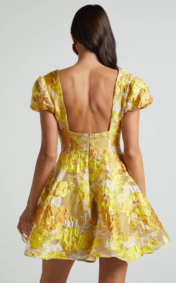 Showpo Brailey Jacquard Mini Dress 8211 Puff Sleeve Dress In Yellow Floral Women Dresses