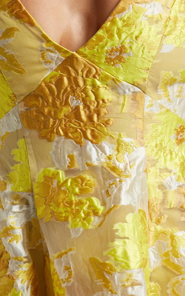 Showpo Brailey Jacquard Mini Dress 8211 Puff Sleeve Dress In Yellow Floral Women Dresses