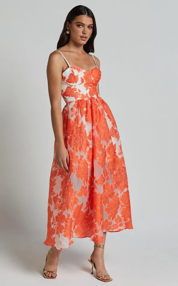 Showpo Brailey Midi Dress 8211 Aline Corset Detail Dress In Orange Women Dresses